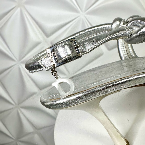 Christian DIOR silver metallic thong sandals heels flip flops sling backs 37.5 - Picture 3 of 14